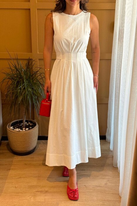 ONE COLOR LACING WAIST LONG WOMAN DRESS WHITE-E BARDHE - 4