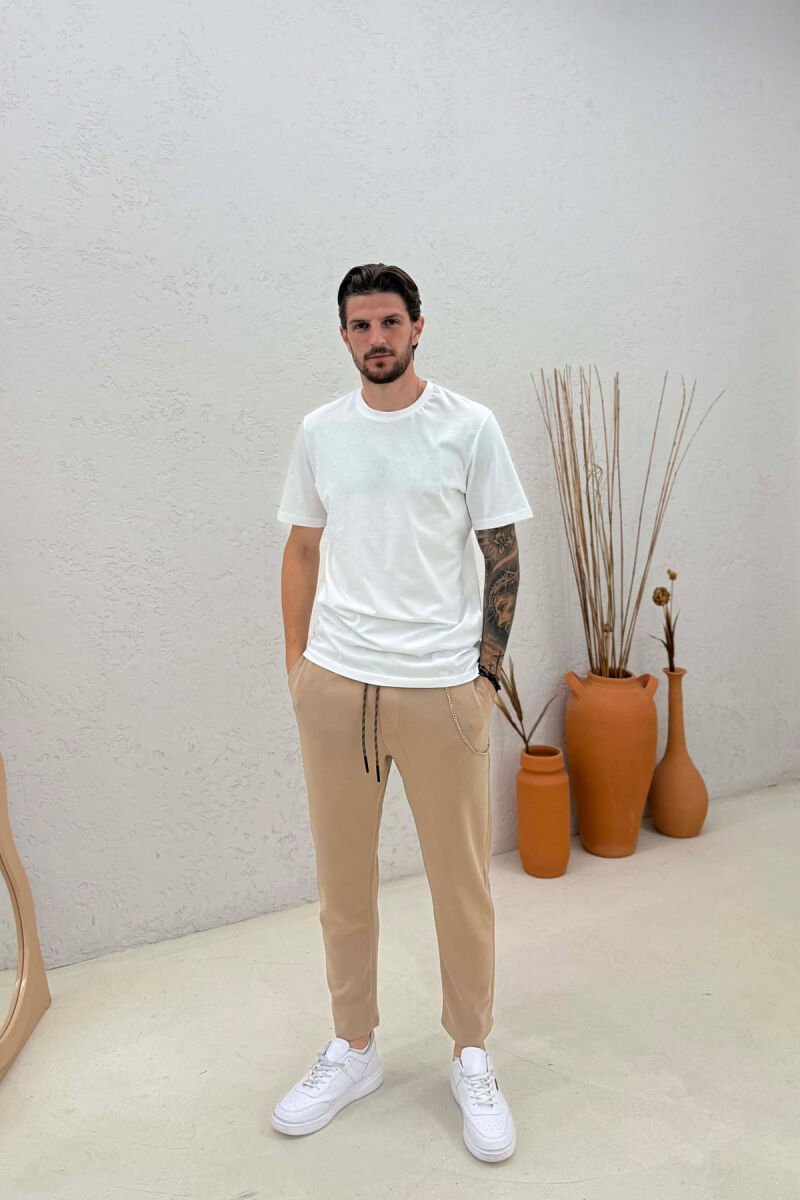 ONE COLOR LACING WAIST MEN SWEATPANTS BEIGE/BEZHE - 1