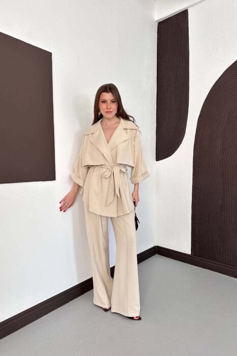 ONE COLOR LACING WAIST SHIRT + TROUSERS WOMAN SET BEIGE/BEZHE - 1