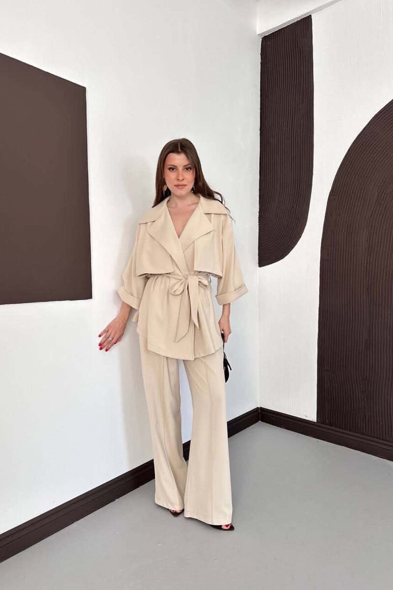 ONE COLOR LACING WAIST SHIRT + TROUSERS WOMAN SET BEIGE/BEZHE - 1