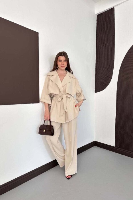 ONE COLOR LACING WAIST SHIRT + TROUSERS WOMAN SET BEIGE/BEZHE - 2
