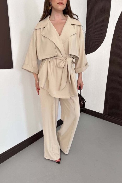 ONE COLOR LACING WAIST SHIRT + TROUSERS WOMAN SET BEIGE/BEZHE - 3