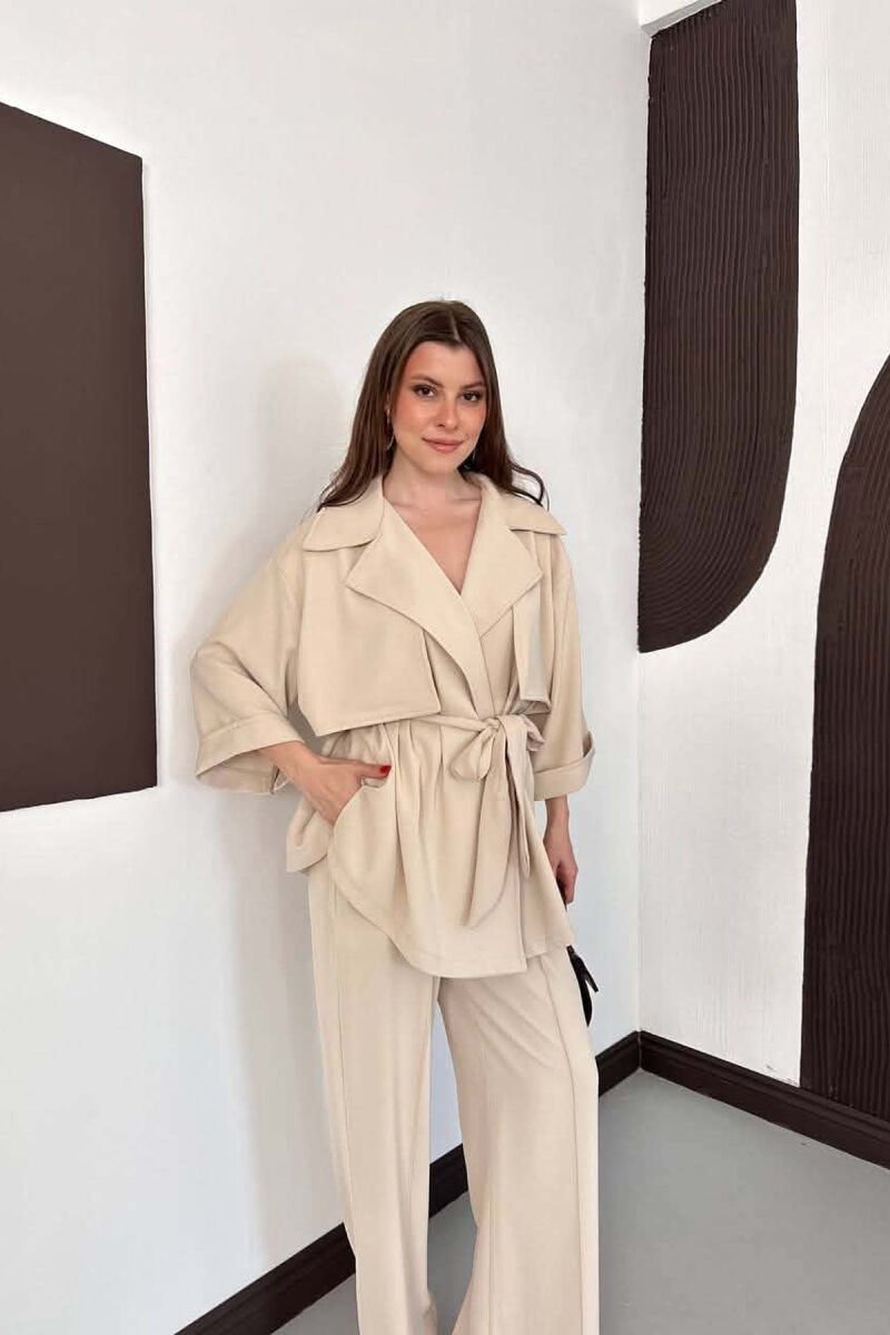 ONE COLOR LACING WAIST SHIRT + TROUSERS WOMAN SET BEIGE/BEZHE - 4