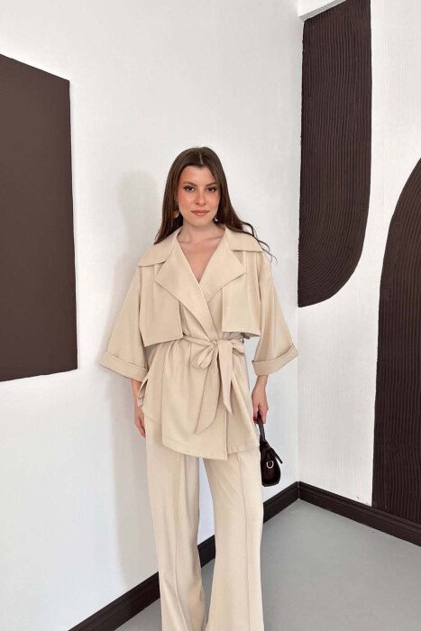 ONE COLOR LACING WAIST SHIRT + TROUSERS WOMAN SET BEIGE/BEZHE - 6