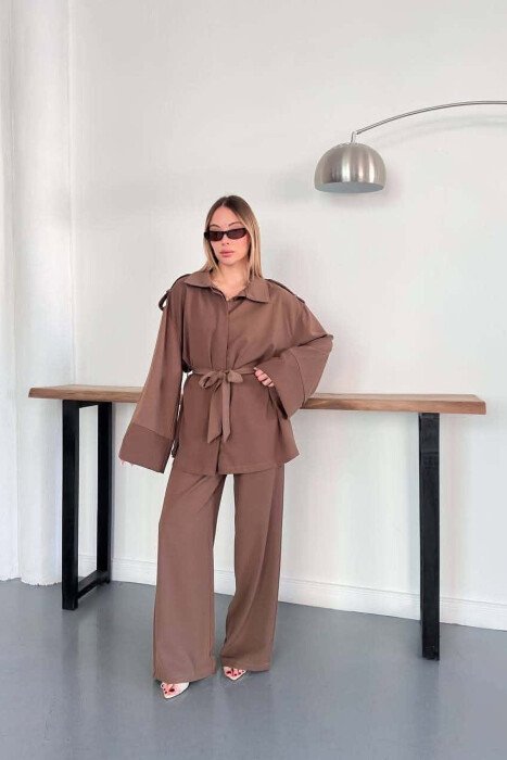 ONE COLOR LACING WAIST SHIRT + TROUSERS WOMAN SET BROWN/KAFE - KLAUDIO FASHION