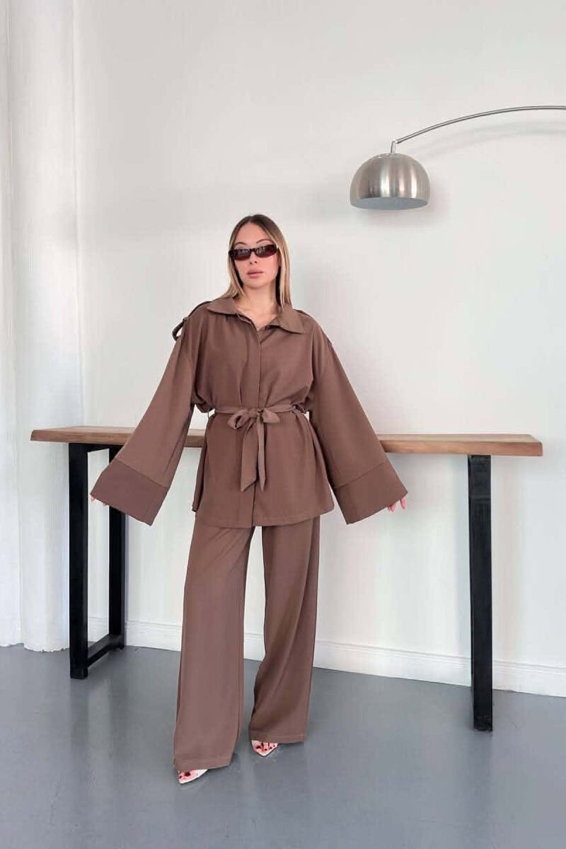 ONE COLOR LACING WAIST SHIRT + TROUSERS WOMAN SET BROWN/KAFE - 2