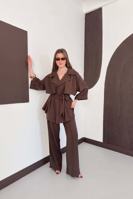 ONE COLOR LACING WAIST SHIRT + TROUSERS WOMAN SET BROWN/KAFE - 1