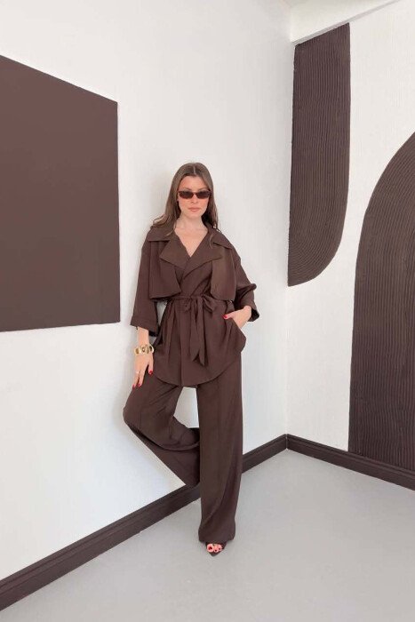 ONE COLOR LACING WAIST SHIRT + TROUSERS WOMAN SET BROWN/KAFE - 2