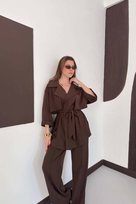 ONE COLOR LACING WAIST SHIRT + TROUSERS WOMAN SET BROWN/KAFE - 3