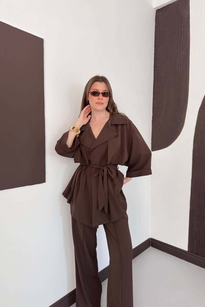 ONE COLOR LACING WAIST SHIRT + TROUSERS WOMAN SET BROWN/KAFE - 4