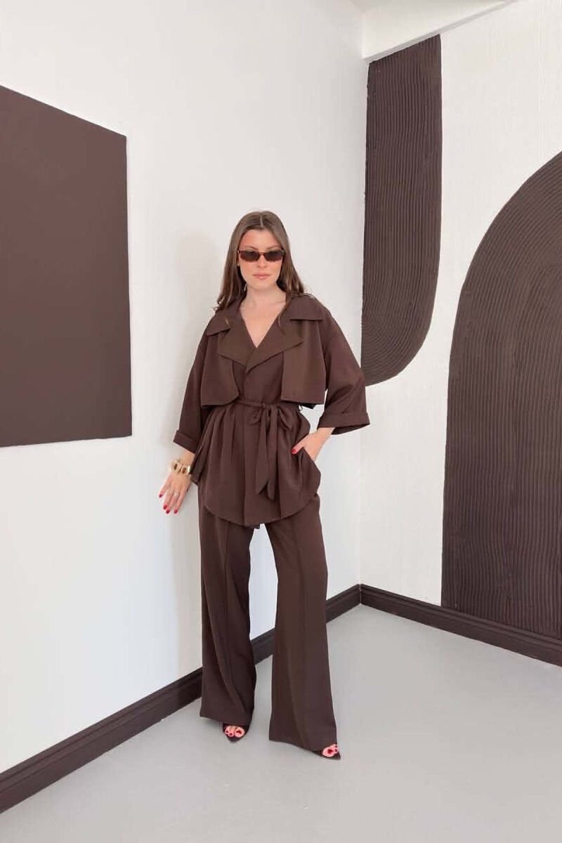 ONE COLOR LACING WAIST SHIRT + TROUSERS WOMAN SET BROWN/KAFE - 5