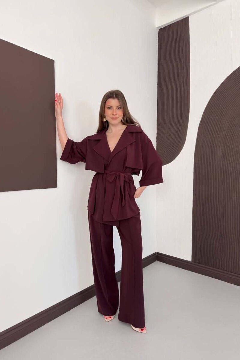 ONE COLOR LACING WAIST SHIRT + TROUSERS WOMAN SET BURGUNDY/VISHNJE - 1