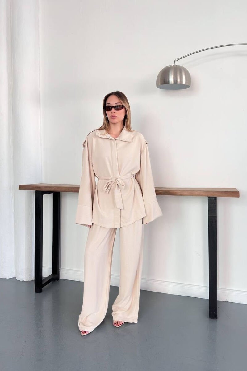 ONE COLOR LACING WAIST SHIRT + TROUSERS WOMAN SET CREAM/KREM - 1