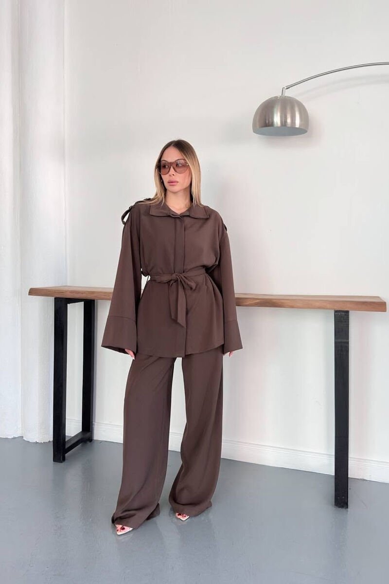 ONE COLOR LACING WAIST SHIRT + TROUSERS WOMAN SET DARK BROWN/KAE - 1