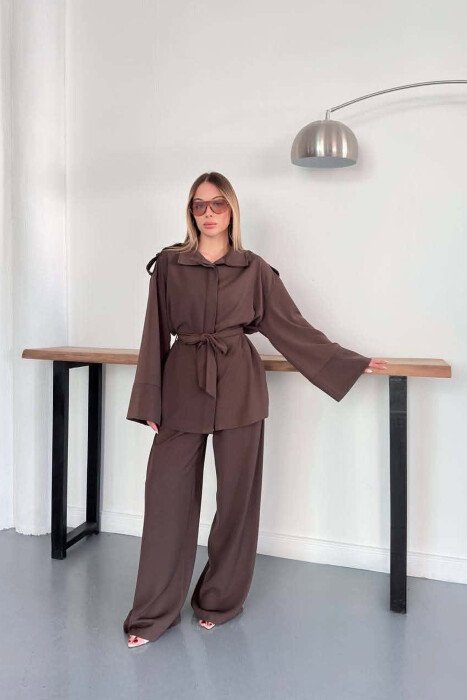 ONE COLOR LACING WAIST SHIRT + TROUSERS WOMAN SET DARK BROWN/KAE - 2
