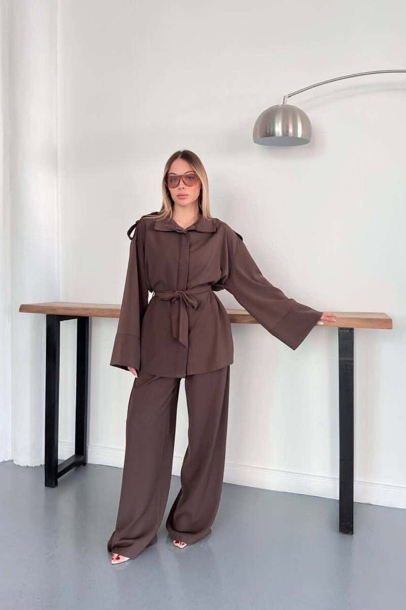 ONE COLOR LACING WAIST SHIRT + TROUSERS WOMAN SET DARK BROWN/KAE - 2