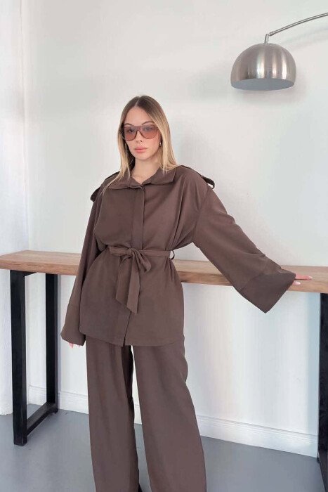 ONE COLOR LACING WAIST SHIRT + TROUSERS WOMAN SET DARK BROWN/KAE - 7