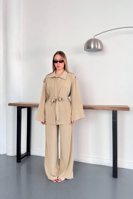 ONE COLOR LACING WAIST SHIRT + TROUSERS WOMAN SET KHAKI / KAKI - 4