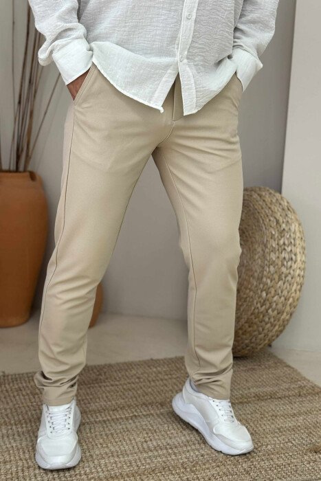 ONE COLOR LACING WAIST SIMPLE MEN PANTS CREAM/KREM - 3