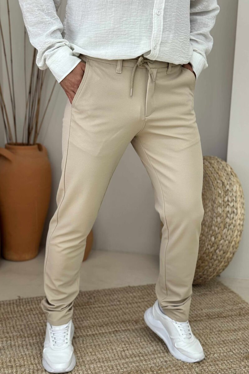 ONE COLOR LACING WAIST SIMPLE MEN PANTS CREAM/KREM - 4
