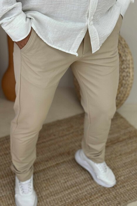 ONE COLOR LACING WAIST SIMPLE MEN PANTS CREAM/KREM - 5