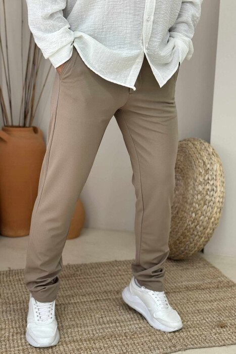ONE COLOR LACING WAIST SIMPLE MEN PANTS LIGHT BROWN/KAZB - 2