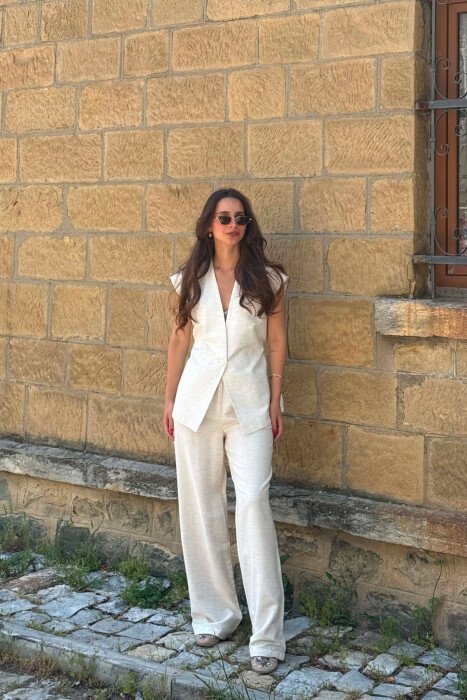ONE COLOR LACING WAIST VEST + TROUSERS WOMAN SET BEIGE/BEZHE - KLAUDIO FASHION
