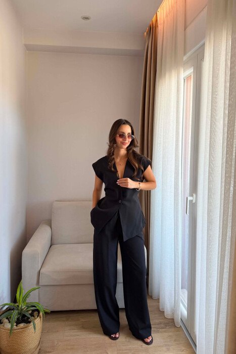 ONE COLOR LACING WAIST VEST + TROUSERS WOMAN SET BLACK/ E ZEZE 