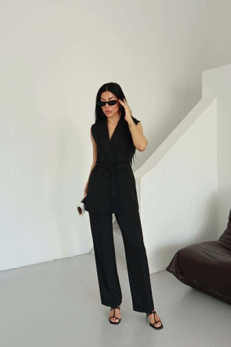 ONE COLOR LACING WAIST VEST + TROUSERS WOMAN SET BLACK/ E ZEZE - KLAUDIO FASHION