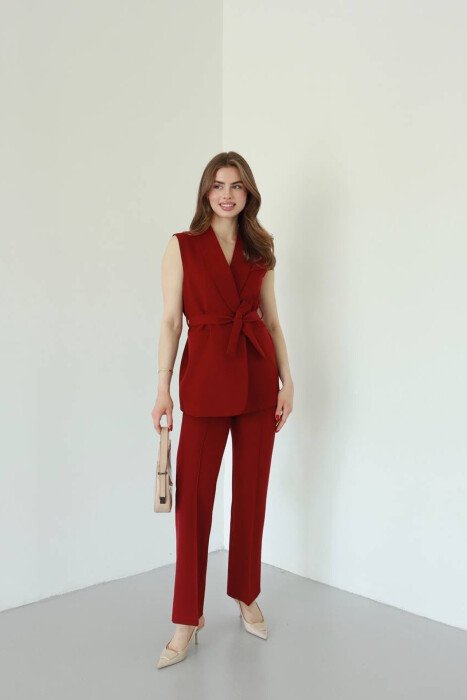 ONE COLOR LACING WAIST VEST + TROUSERS WOMAN SET BURGUNDY/VISHNJE - KLAUDIO FASHION