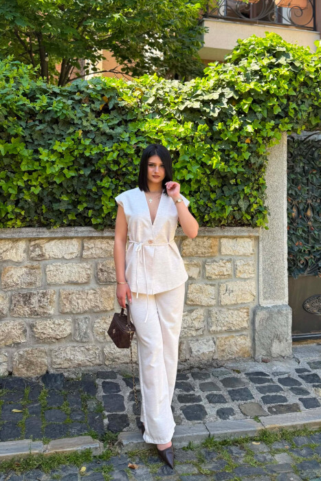 ONE COLOR LACING WAIST VEST + TROUSERS WOMAN SET CREAM/KREM - 1