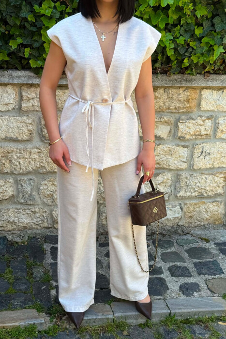 ONE COLOR LACING WAIST VEST + TROUSERS WOMAN SET CREAM/KREM - 4