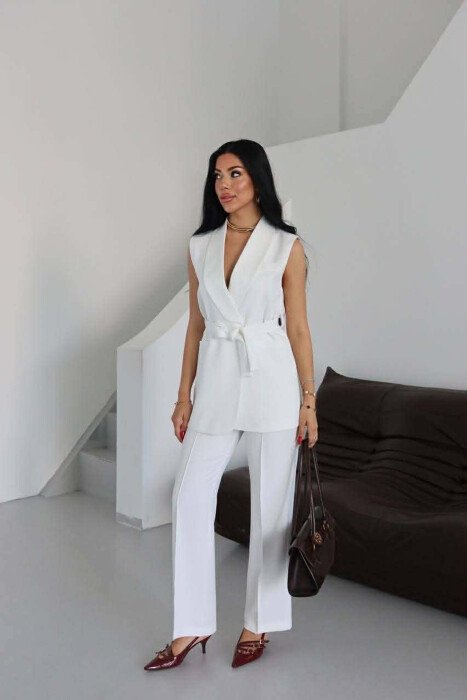 ONE COLOR LACING WAIST VEST + TROUSERS WOMAN SET WHITE-E BARDHE - KLAUDIO FASHION