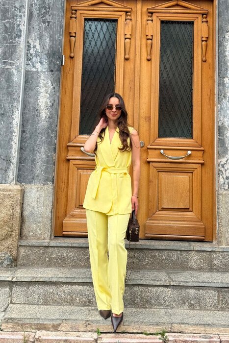 ONE COLOR LACING WAIST VEST + TROUSERS WOMAN SET YELLOW/E VERDHE - KLAUDIO FASHION