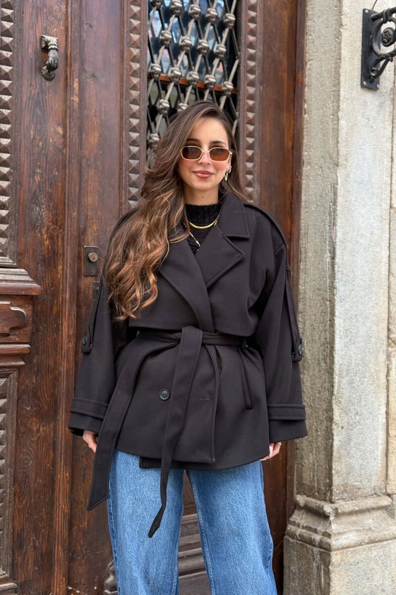 ONE COLOR LACING WAIST WOMAN COAT BLACK/ E ZEZE - 1