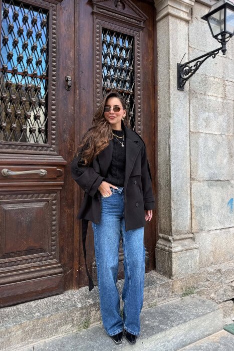 ONE COLOR LACING WAIST WOMAN COAT BLACK/ E ZEZE - 3
