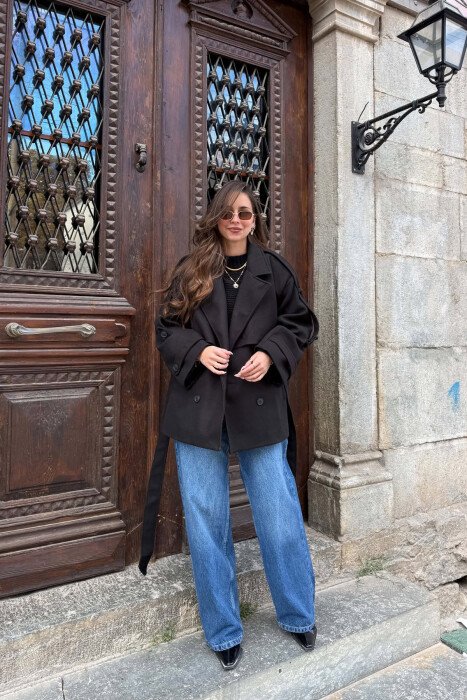 ONE COLOR LACING WAIST WOMAN COAT BLACK/ E ZEZE - 4