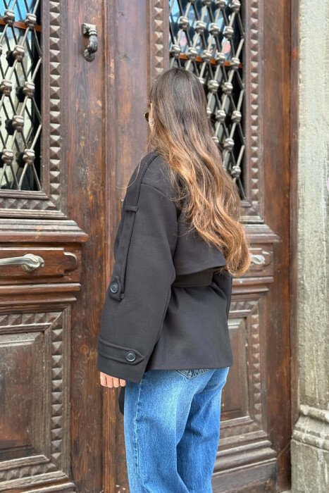 ONE COLOR LACING WAIST WOMAN COAT BLACK/ E ZEZE - 5