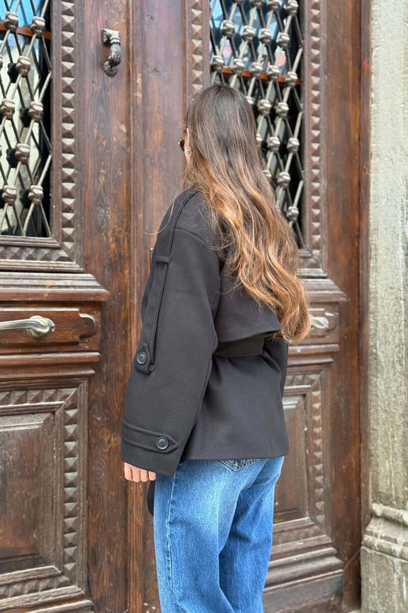 ONE COLOR LACING WAIST WOMAN COAT BLACK/ E ZEZE - 5