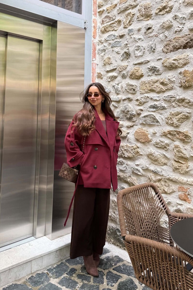 ONE COLOR LACING WAIST WOMAN COAT BURGUNDY/VISHNJE - 6