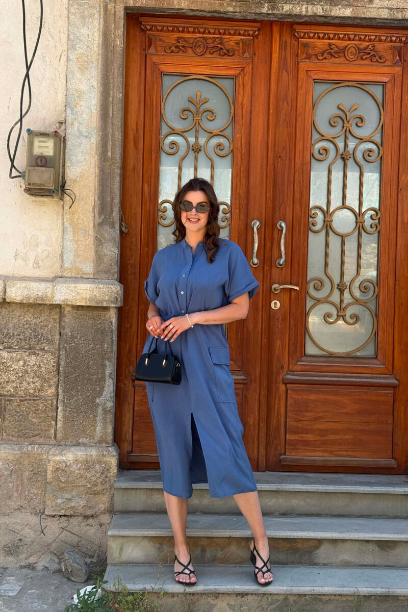 ONE COLOR LACING WAIST WOMAN DRESS BLUE/BLU - 5