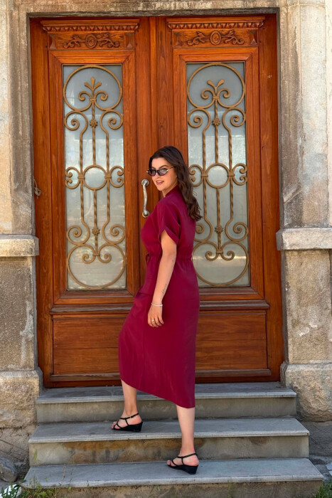 ONE COLOR LACING WAIST WOMAN DRESS BURGUNDY/VISHNJE - 5