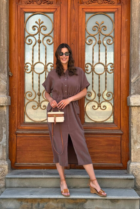 ONE COLOR LACING WAIST WOMAN DRESS DARK GREY/GEE 