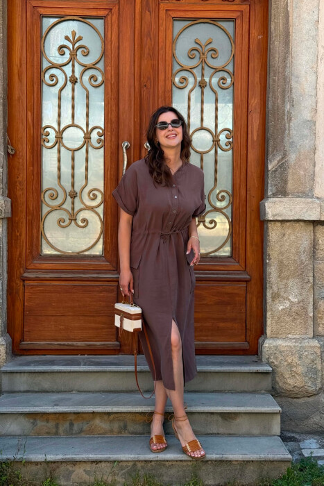 ONE COLOR LACING WAIST WOMAN DRESS DARK GREY/GEE - 5