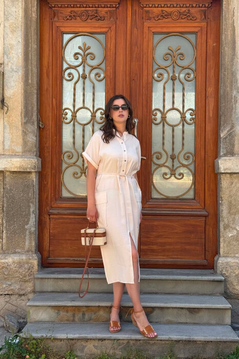 ONE COLOR LACING WAIST WOMAN DRESS LIGHT BEIGE/BZHZB - 4