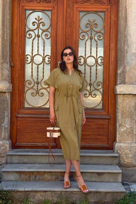 ONE COLOR LACING WAIST WOMAN DRESS OLIVE/ULLI 
