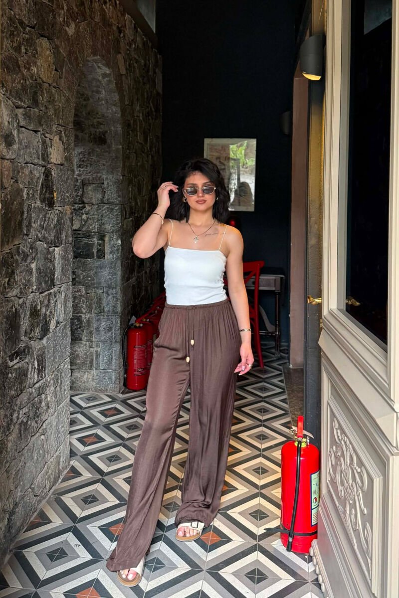 ONE COLOR LACING WAIST WOMAN TROUSERS BROWN/KAFE - 1