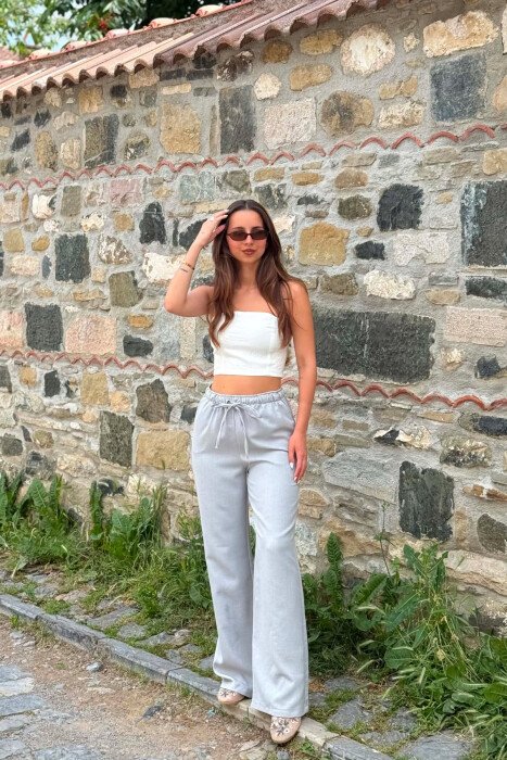 ONE COLOR LACING WAIST WOMAN TROUSERS GREY/GRI - 3