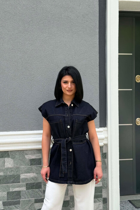 ONE COLOR LACING WAIST WOMAN VEST DARK BLUE/BEE - KLAUDIO FASHION