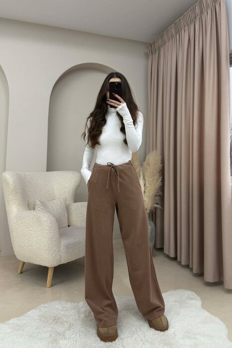 ONE COLOR LACING WAIST WOMEN TROUSERS BEIGE/BEZHE - 2